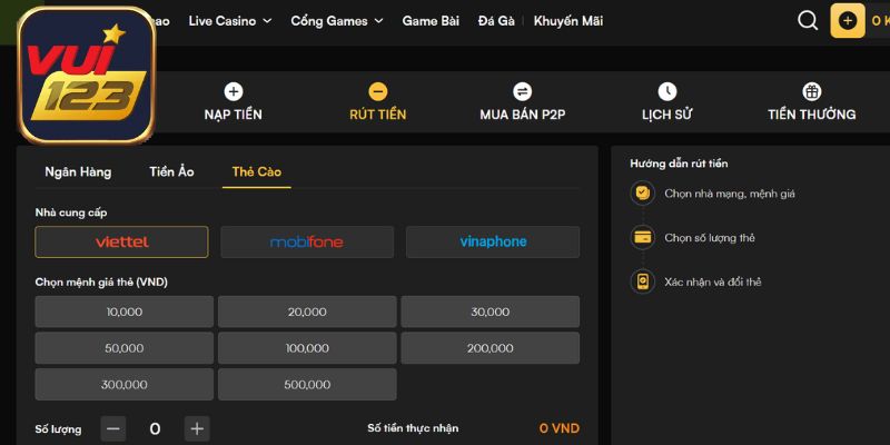 Phương thức thanh toán Vui123 bằng cách đổi thẻ cào di động